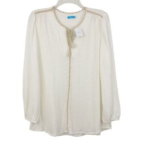 NWT J. McLaughlin Gaia Top Size M White Solid Linen Blend V-neck Long Sleeve